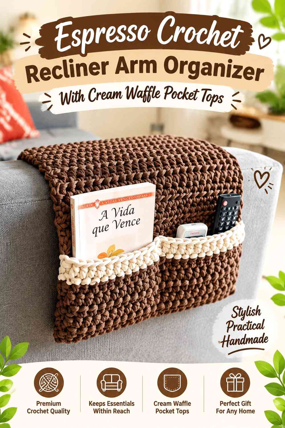 Espresso Crochet Recliner Arm Organizer With Cream Waffle Pocket Tops