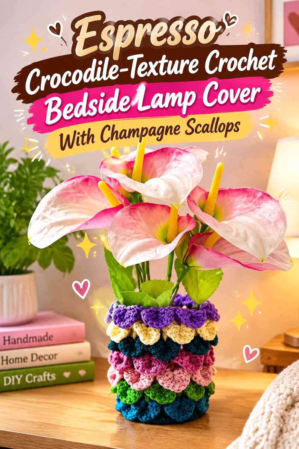 Espresso Crocodile-Texture Crochet Bedside Lamp Cover With Champagne Scallops