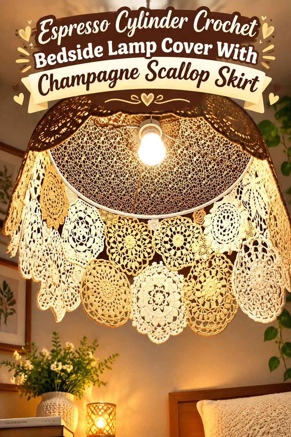 Espresso Cylinder Crochet Bedside Lamp Cover With Champagne Scallop Skirt