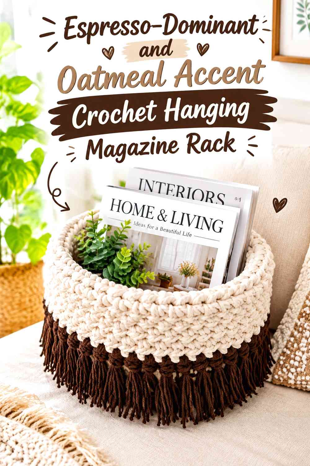 Espresso-Dominant and Oatmeal Accent Crochet Hanging Magazine Rack