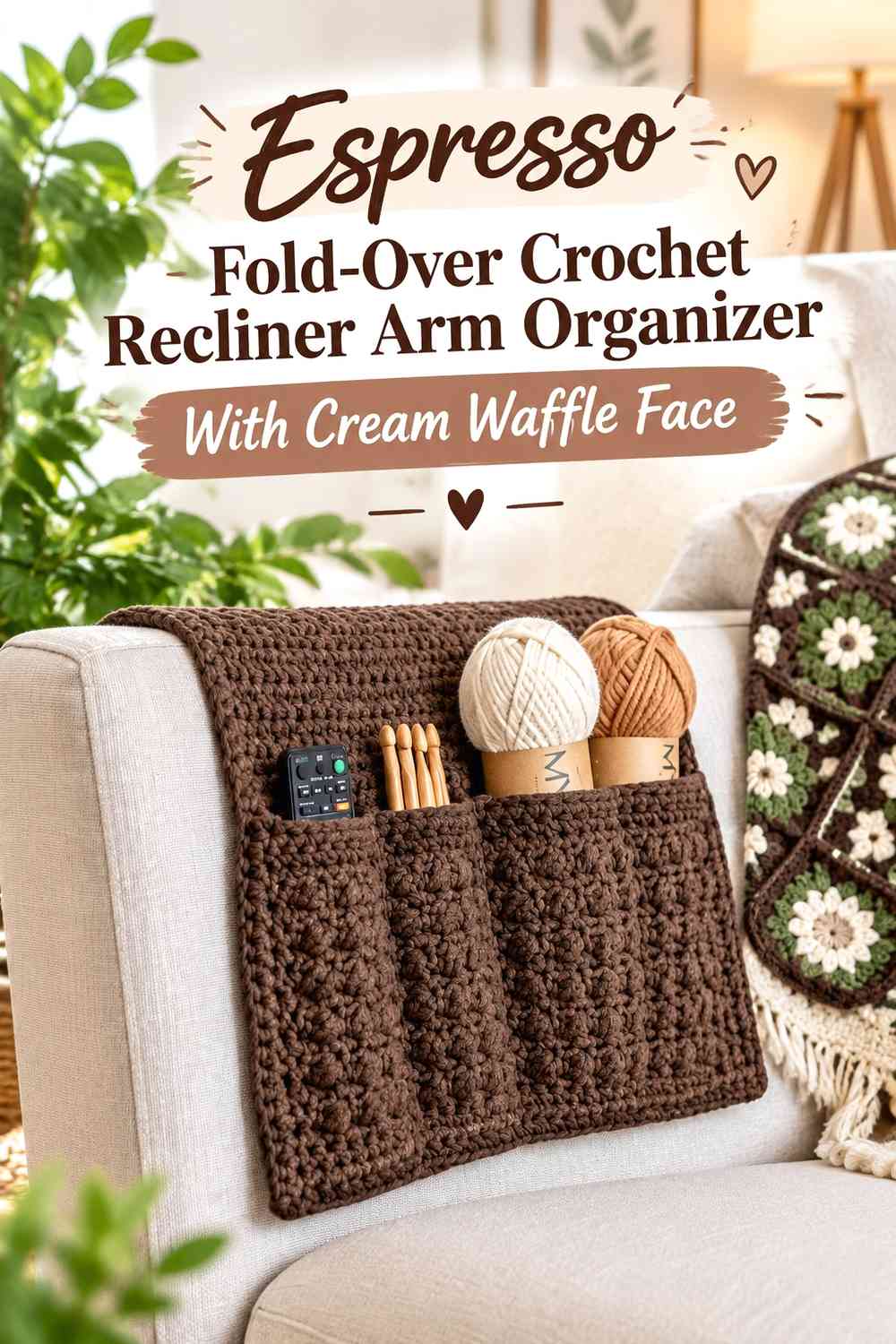 Espresso Fold-Over Crochet Recliner Arm Organizer With Cream Waffle Face