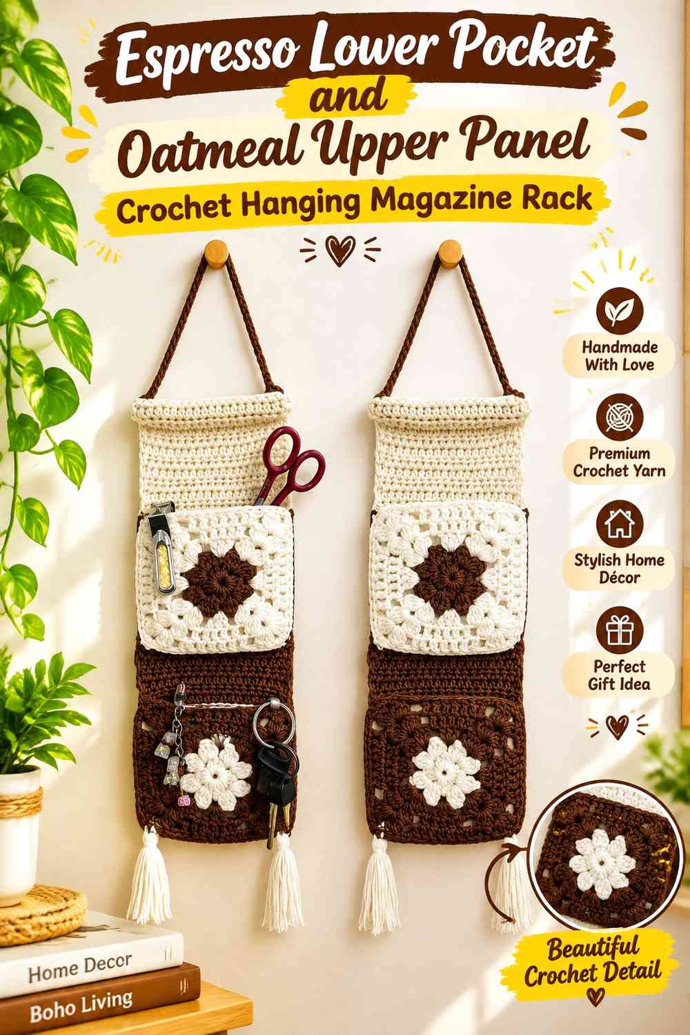 Espresso Lower Pocket and Oatmeal Upper Panel Crochet Hanging Magazine Rack