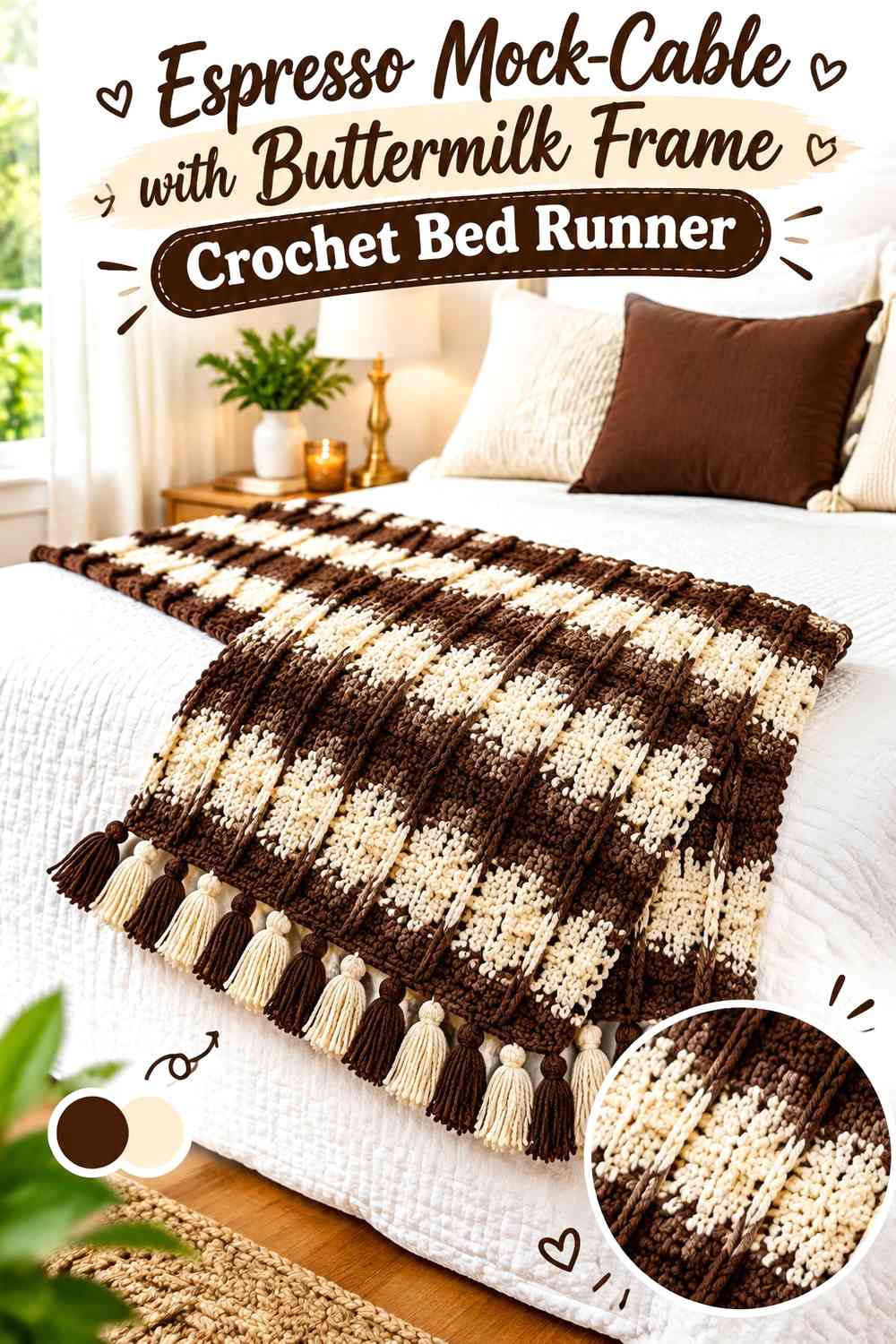 Espresso Mock-Cable with Buttermilk Frame Crochet Bed Runner
