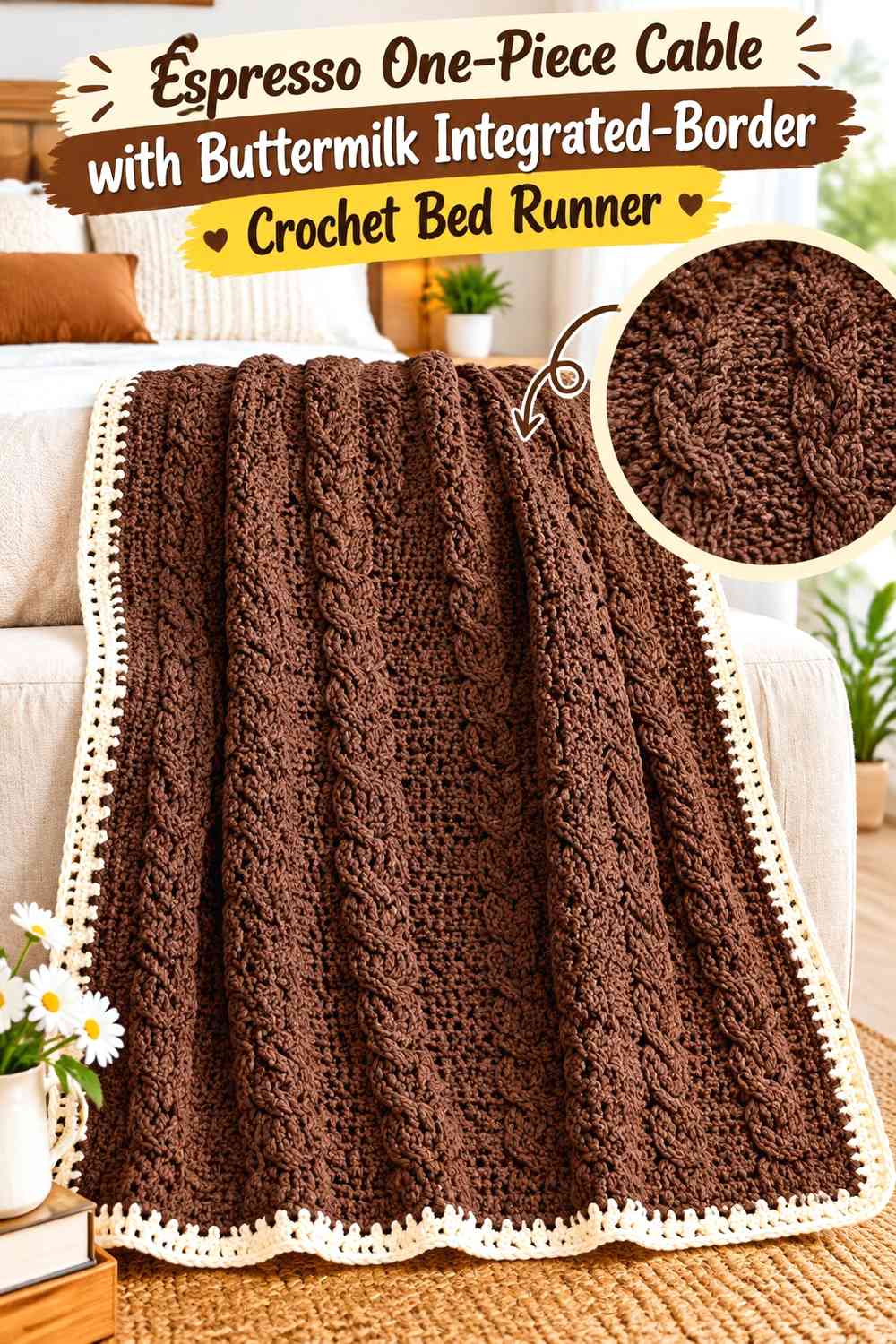 Espresso One-Piece Cable with Buttermilk Integrated-Border Crochet Bed Runner