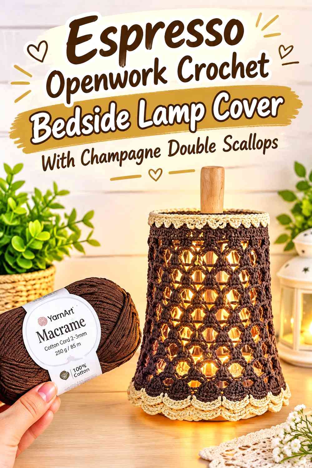 Espresso Openwork Crochet Bedside Lamp Cover With Champagne Double Scallops
