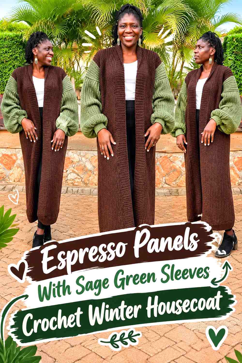 Espresso Panels With Sage Green Sleeves Crochet Winter Housecoat