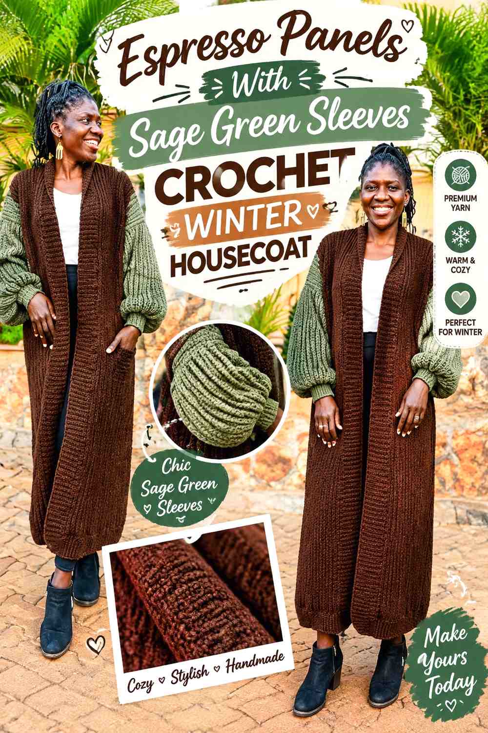 Espresso Panels With Sage Green Sleeves Crochet Winter Housecoat