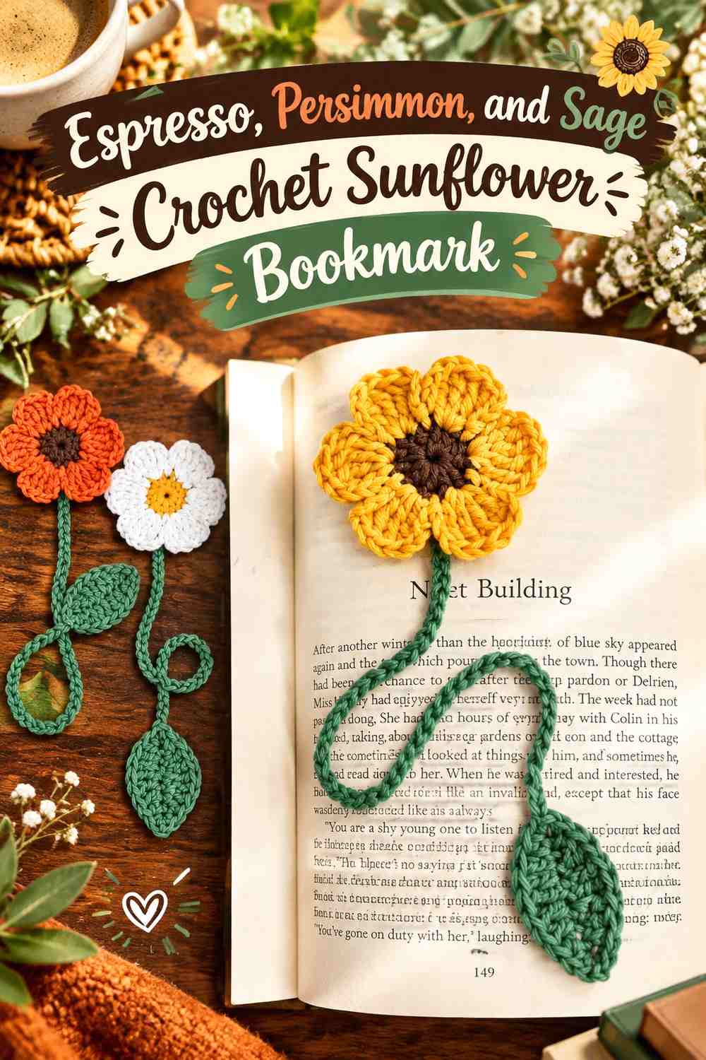 Espresso, Persimmon, and Sage Crochet Sunflower Bookmark