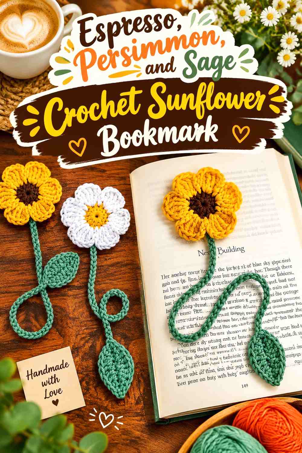 Espresso, Persimmon, and Sage Crochet Sunflower Bookmark