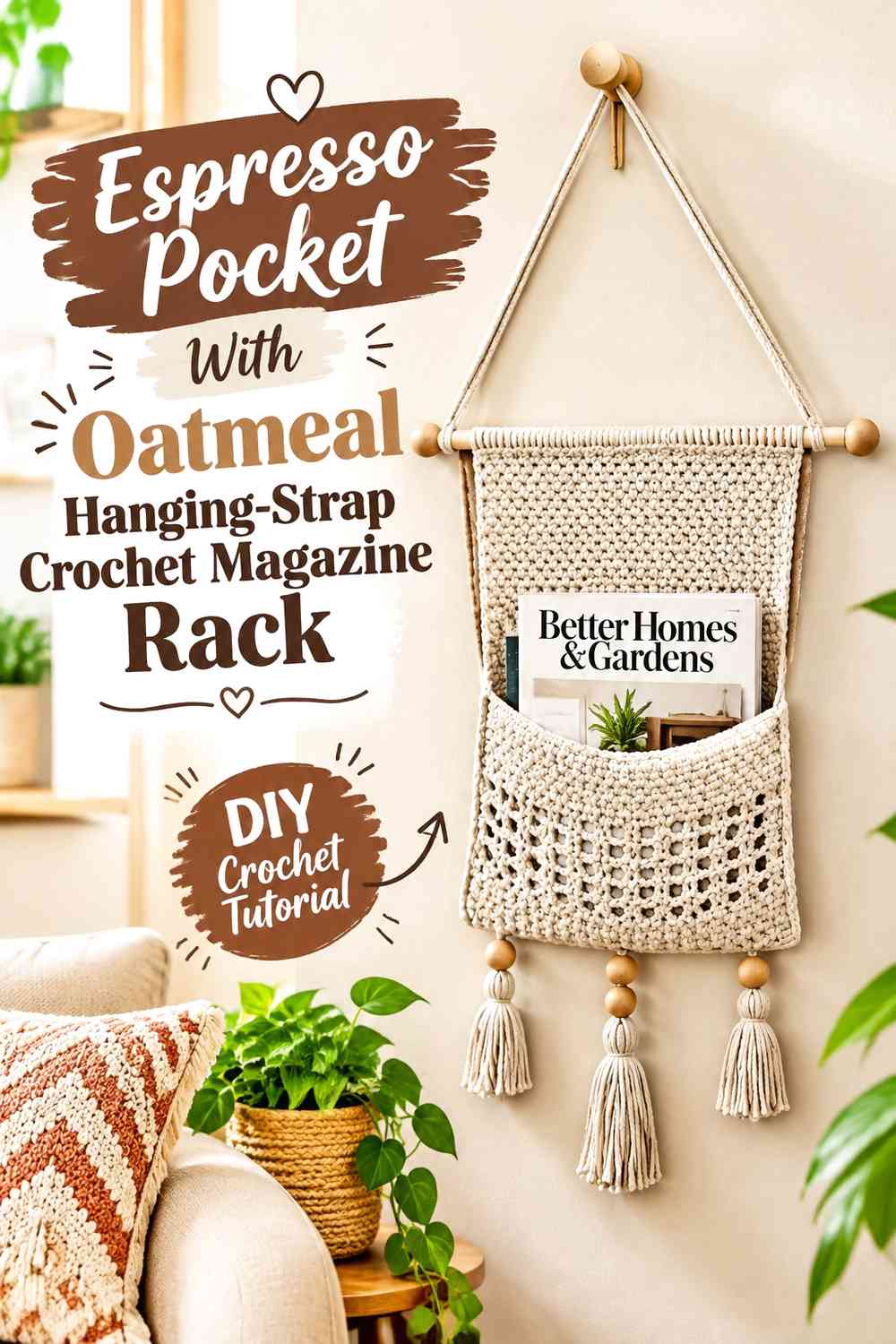 Espresso Pocket With Oatmeal Hanging-Strap Crochet Magazine Rack