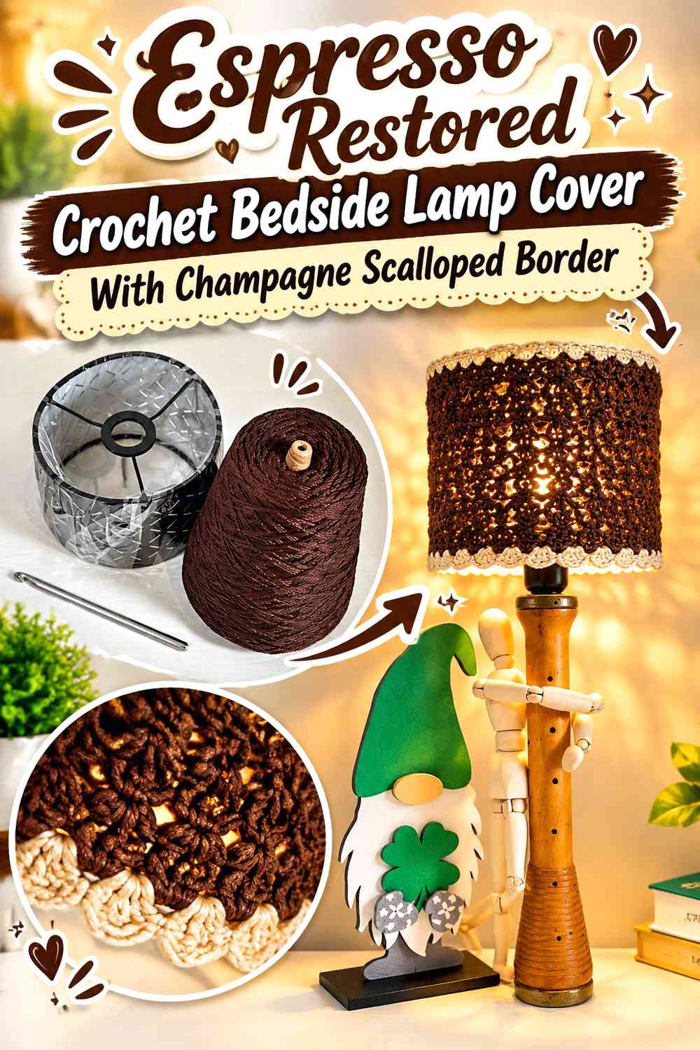Espresso Restored Crochet Bedside Lamp Cover With Champagne Scalloped Border