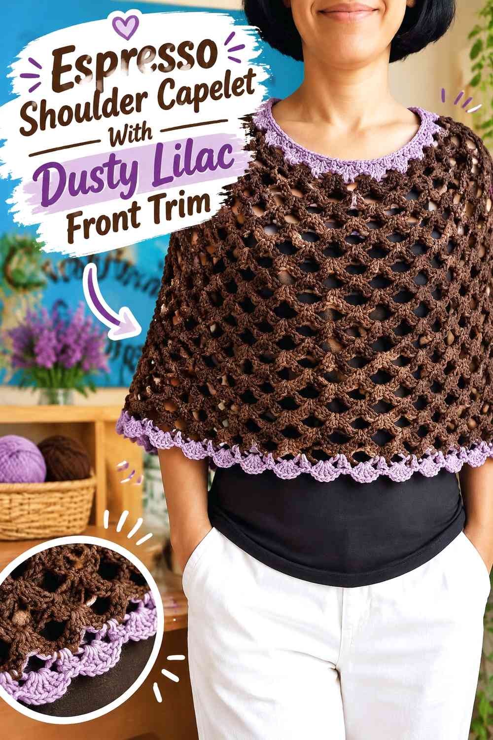 Espresso Shoulder Capelet With Dusty Lilac Front Trim