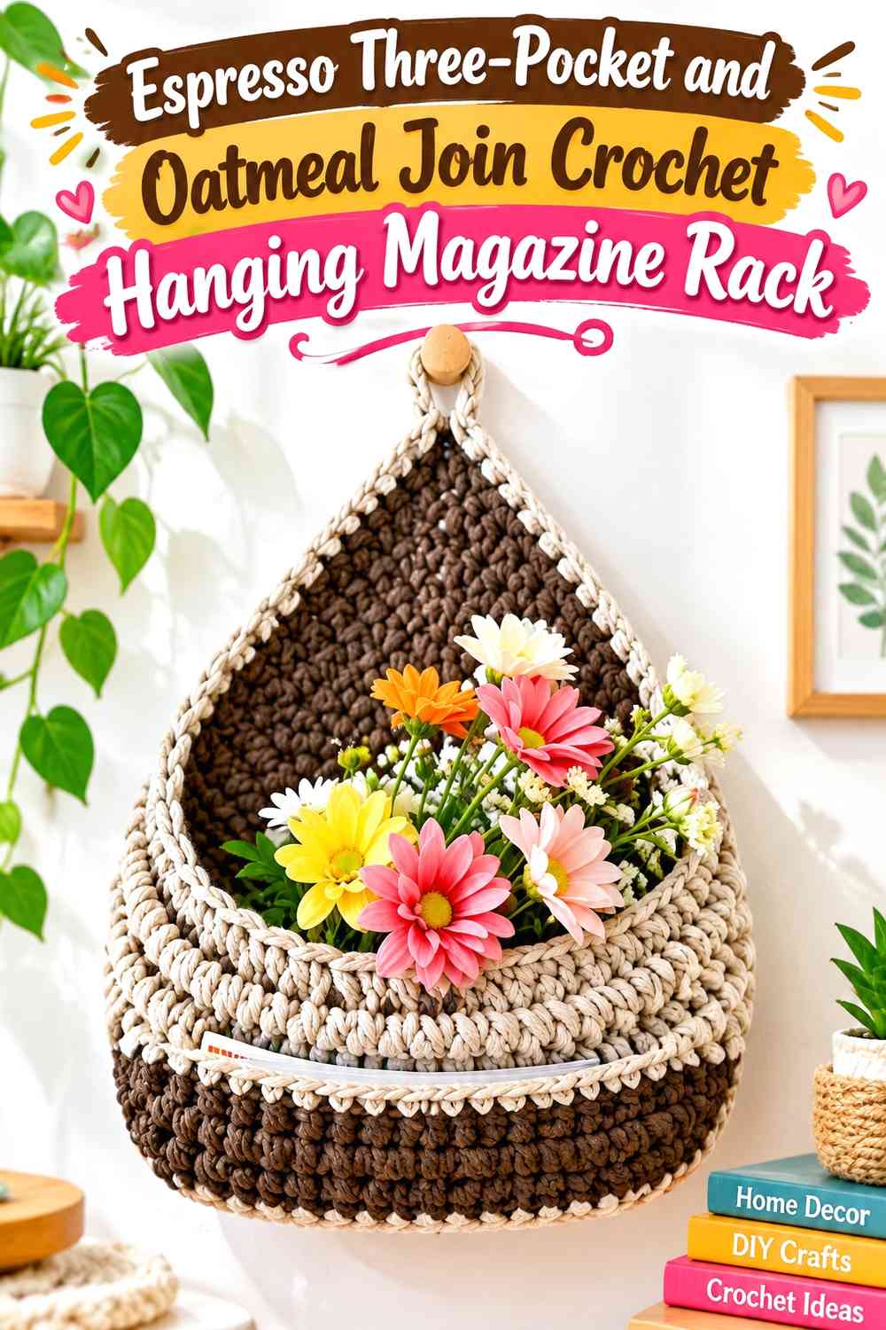 Espresso Three-Pocket and Oatmeal Join Crochet Hanging Magazine Rack