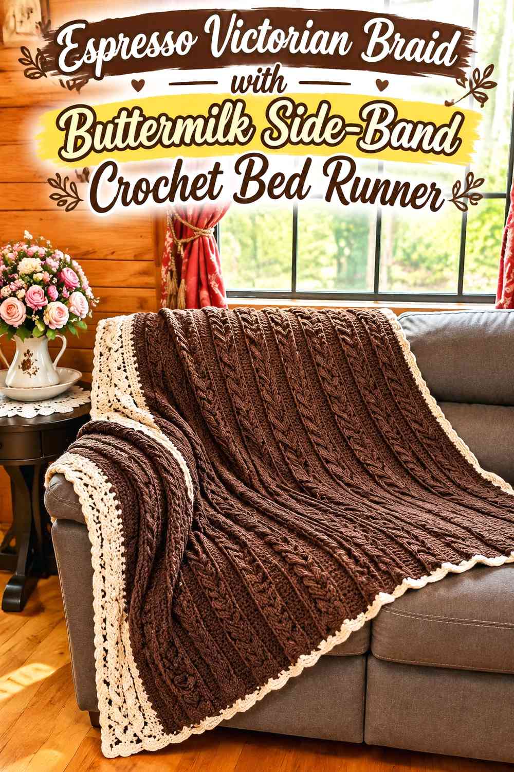 Espresso Victorian Braid with Buttermilk Side-Band Crochet Bed Runner