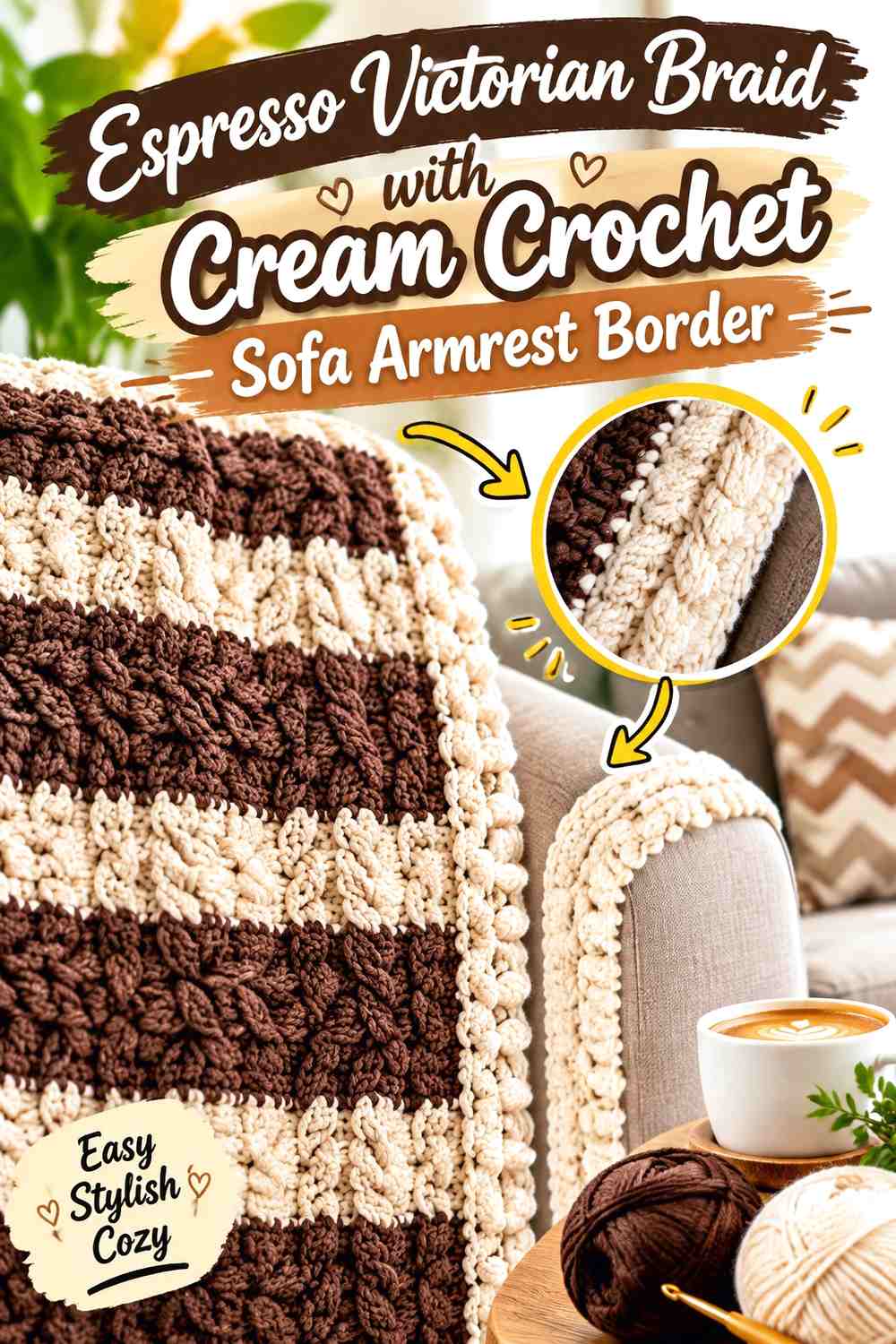 Espresso Victorian Braid with Cream Crochet Sofa Armrest Border
