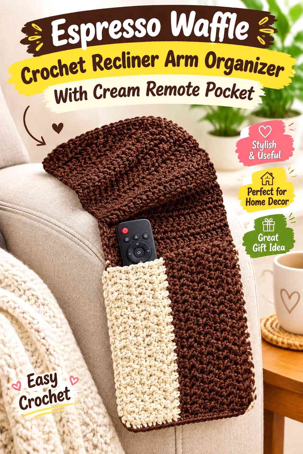 Espresso Waffle Crochet Recliner Arm Organizer With Cream Remote Pocket