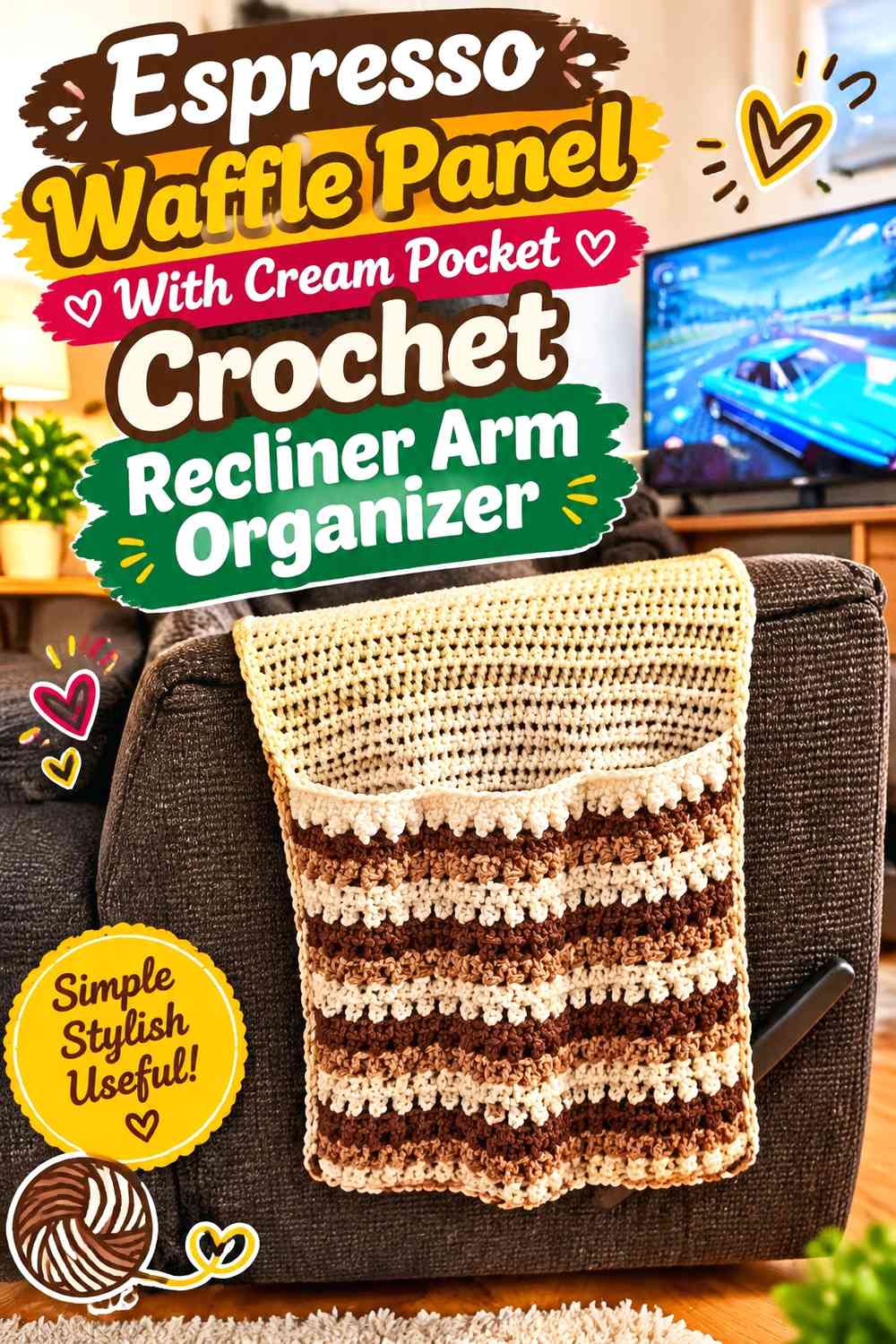 Espresso Waffle Panel With Cream Pocket Crochet Recliner Arm Organizer