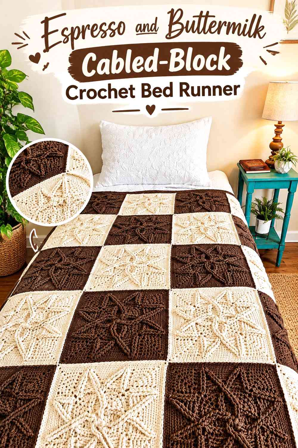 Espresso and Buttermilk Cabled-Block Crochet Bed Runner