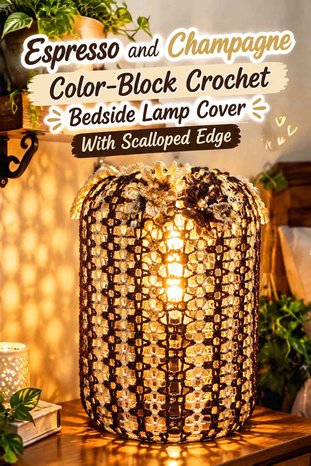 Espresso and Champagne Color-Block Crochet Bedside Lamp Cover With Scalloped Edge