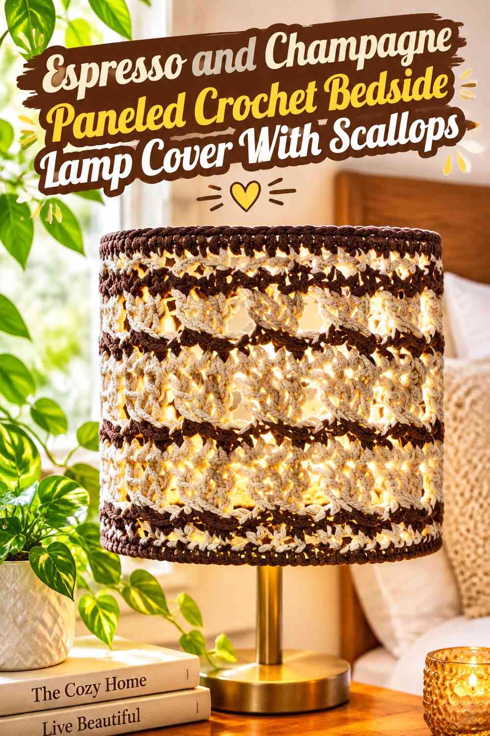 Espresso and Champagne Paneled Crochet Bedside Lamp Cover With Scallops