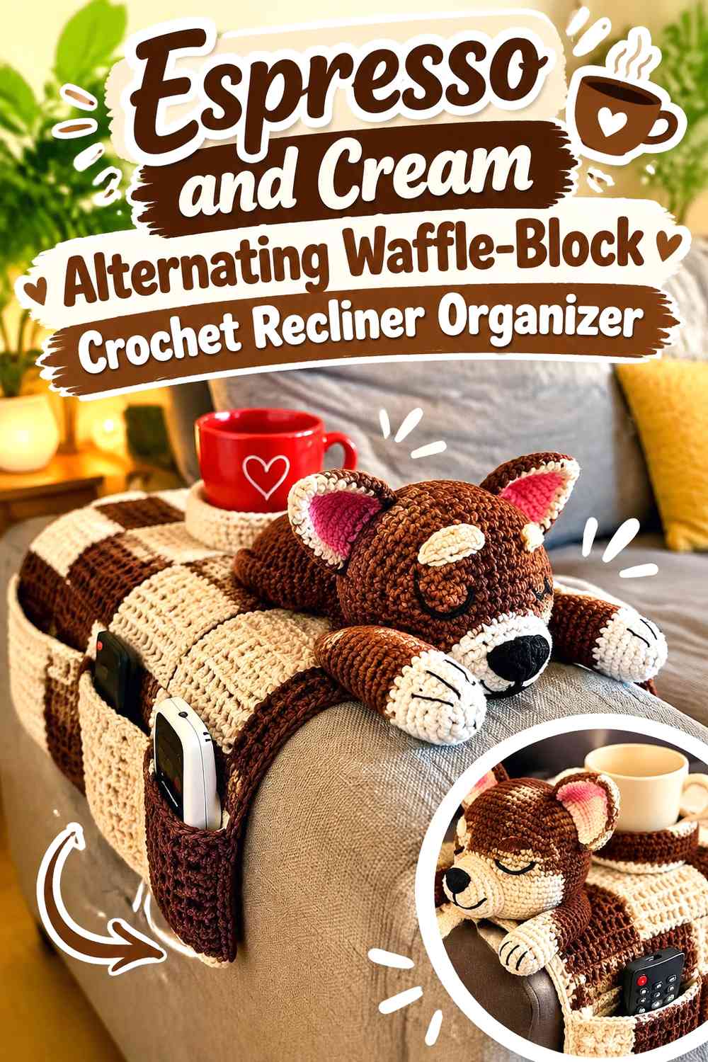 Espresso and Cream Alternating Waffle-Block Crochet Recliner Organizer