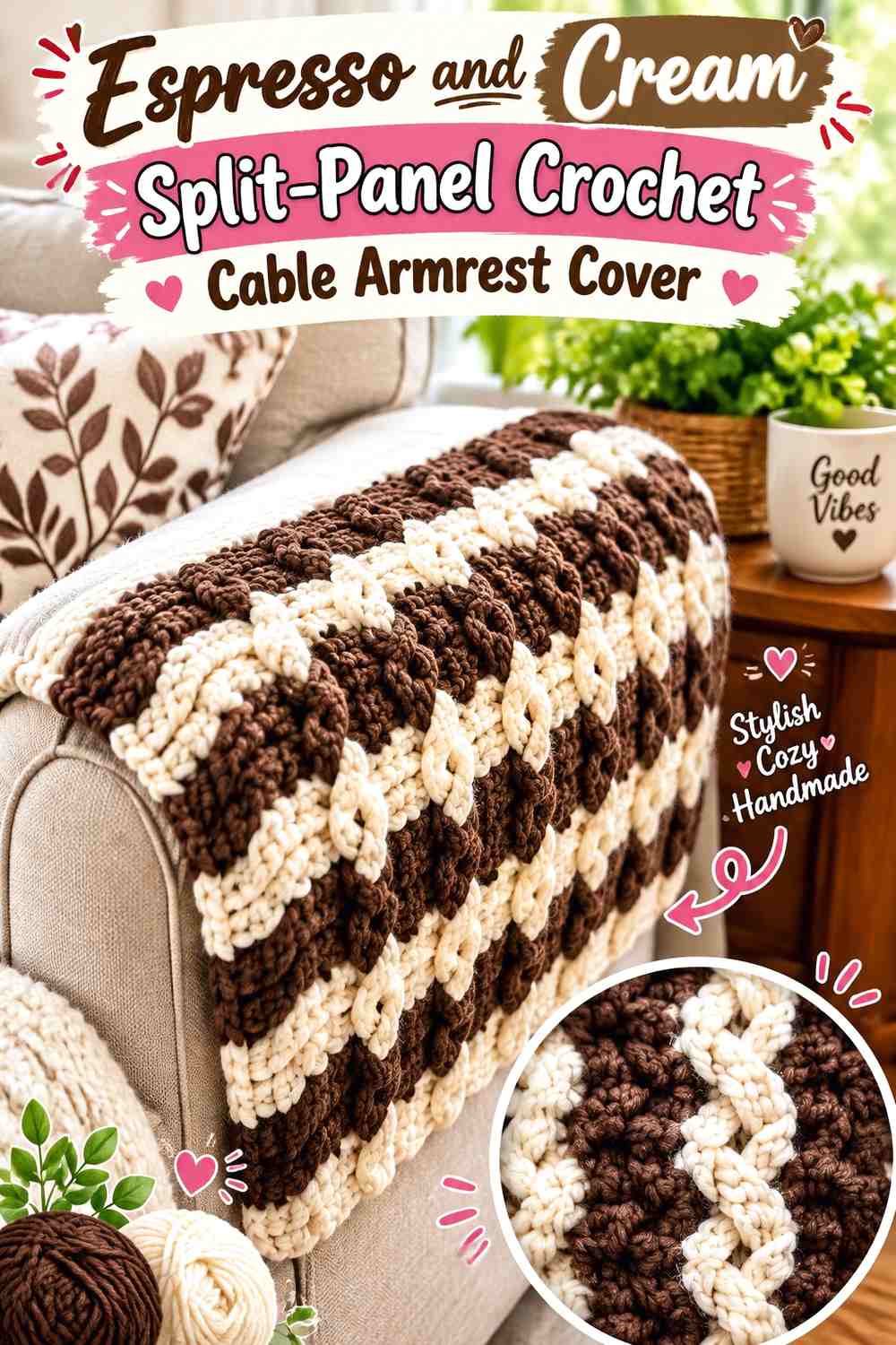 Espresso and Cream Split-Panel Crochet Cable Armrest Cover