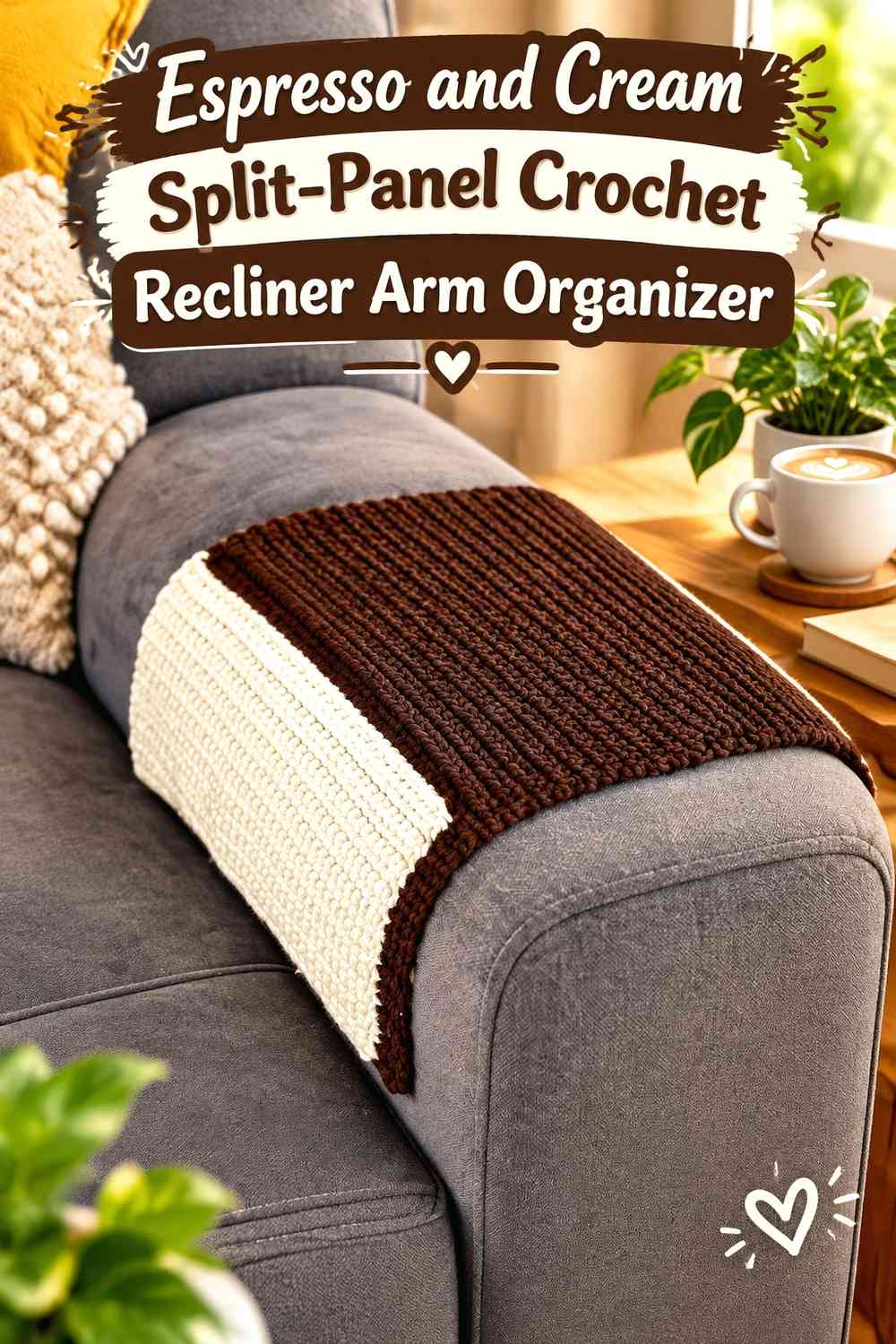 Espresso and Cream Split-Panel Crochet Recliner Arm Organizer