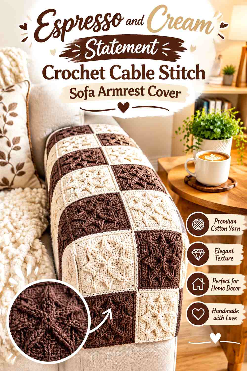 Espresso and Cream Statement Crochet Cable Stitch Sofa Armrest Cover
