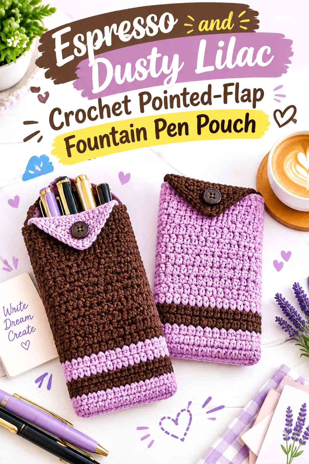 Espresso and Dusty Lilac Crochet Pointed-Flap Fountain Pen Pouch