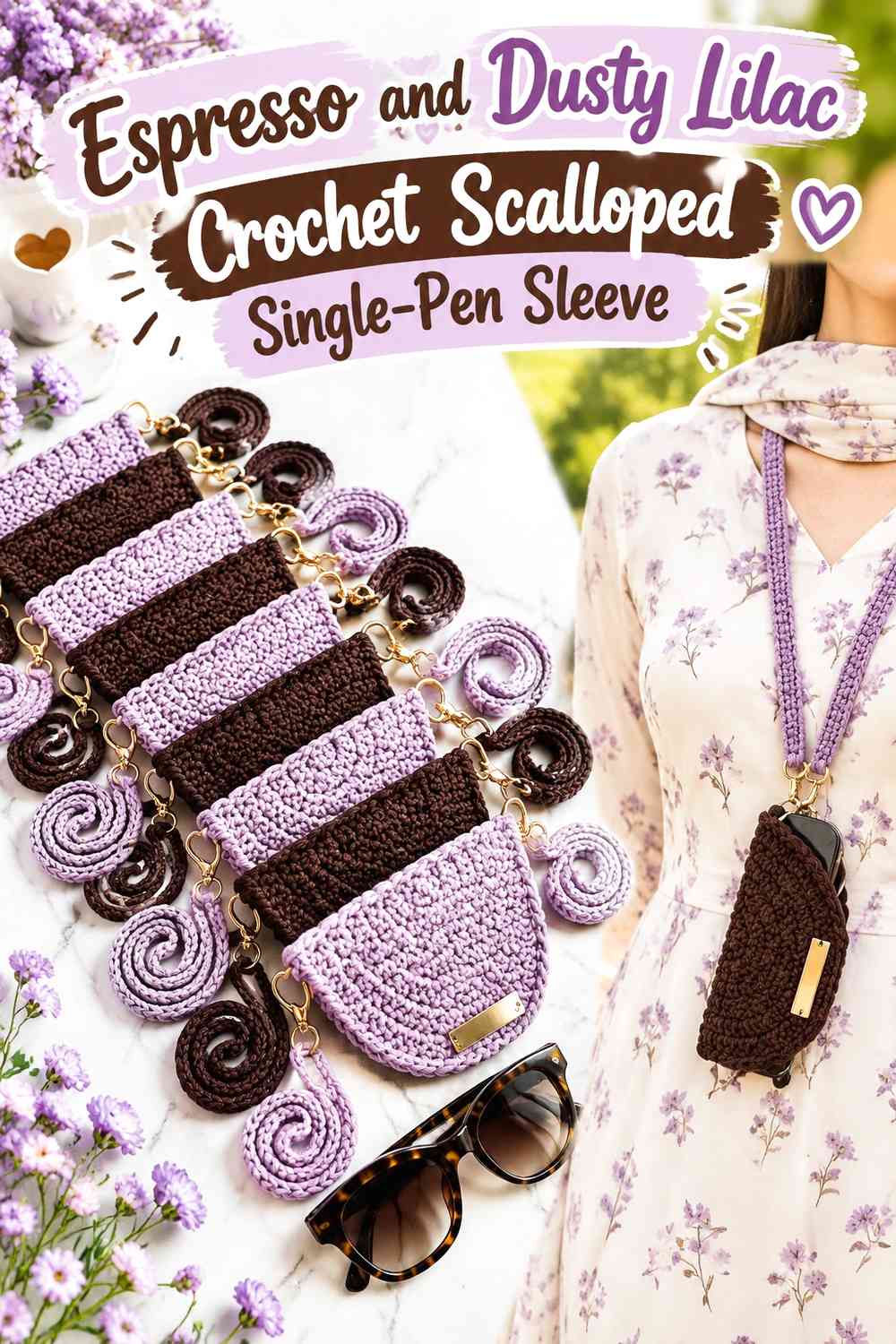 Espresso and Dusty Lilac Crochet Scalloped Single-Pen Sleeve