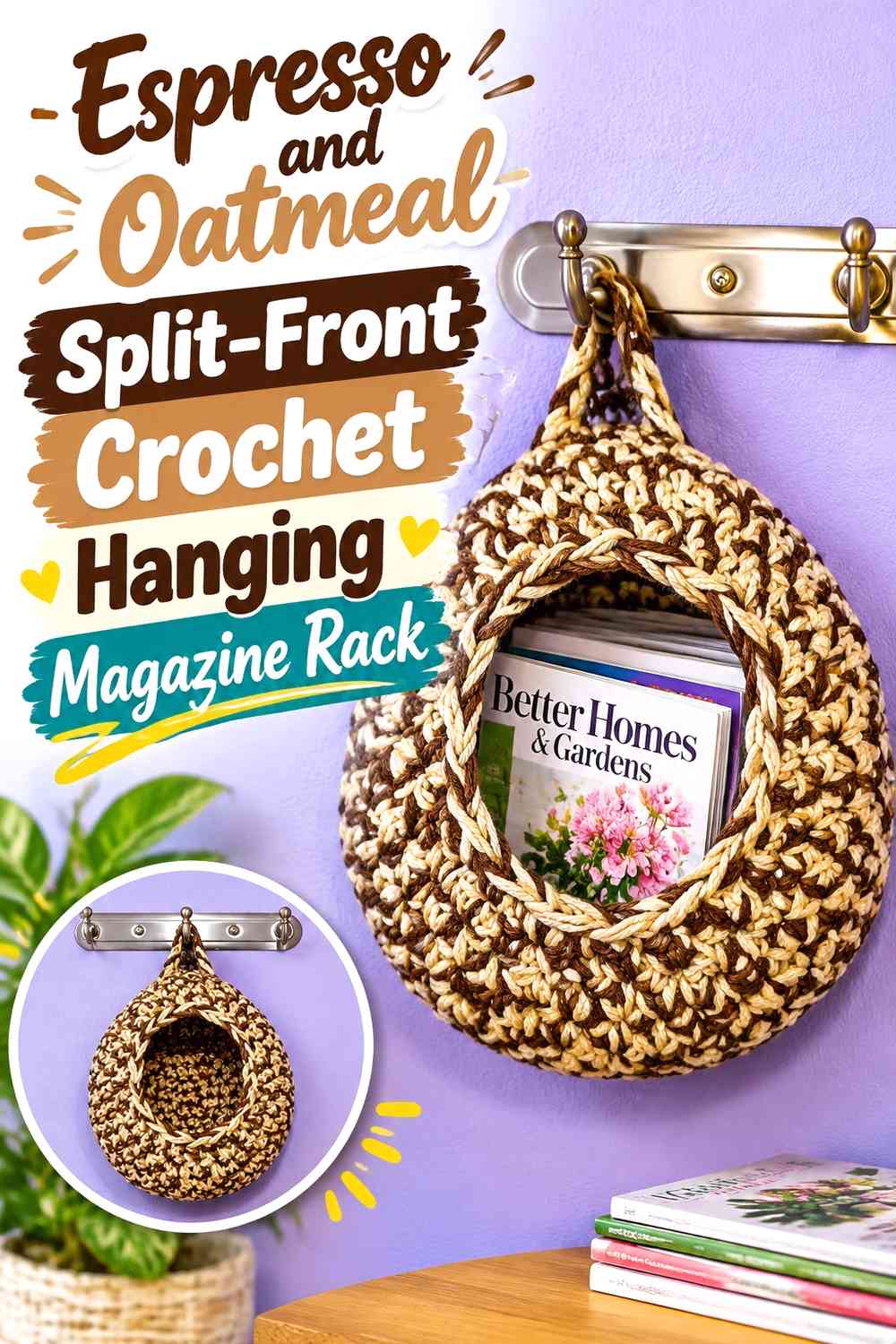 Espresso and Oatmeal Split-Front Crochet Hanging Magazine Rack