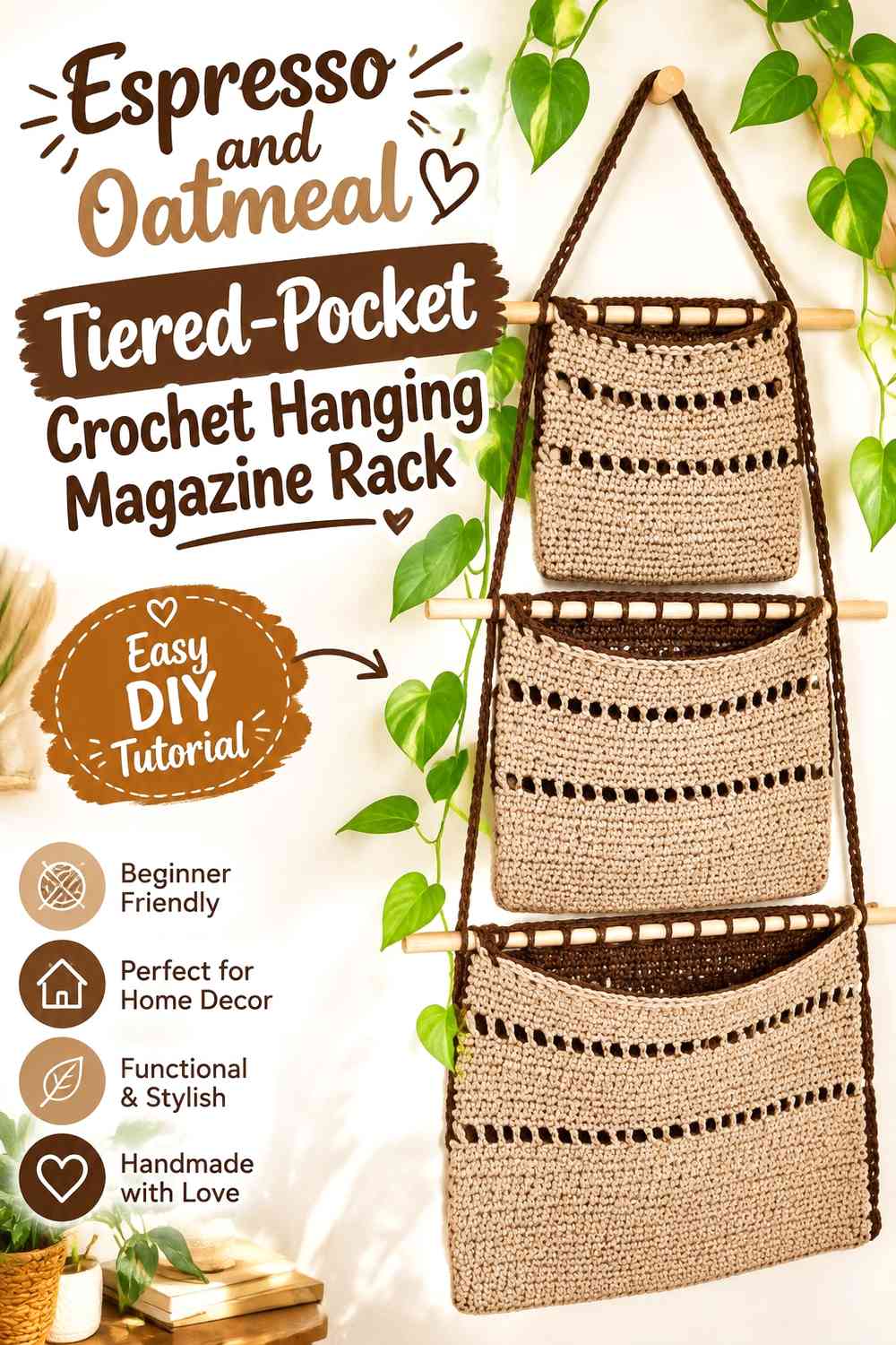 Espresso and Oatmeal Tiered-Pocket Crochet Hanging Magazine Rack