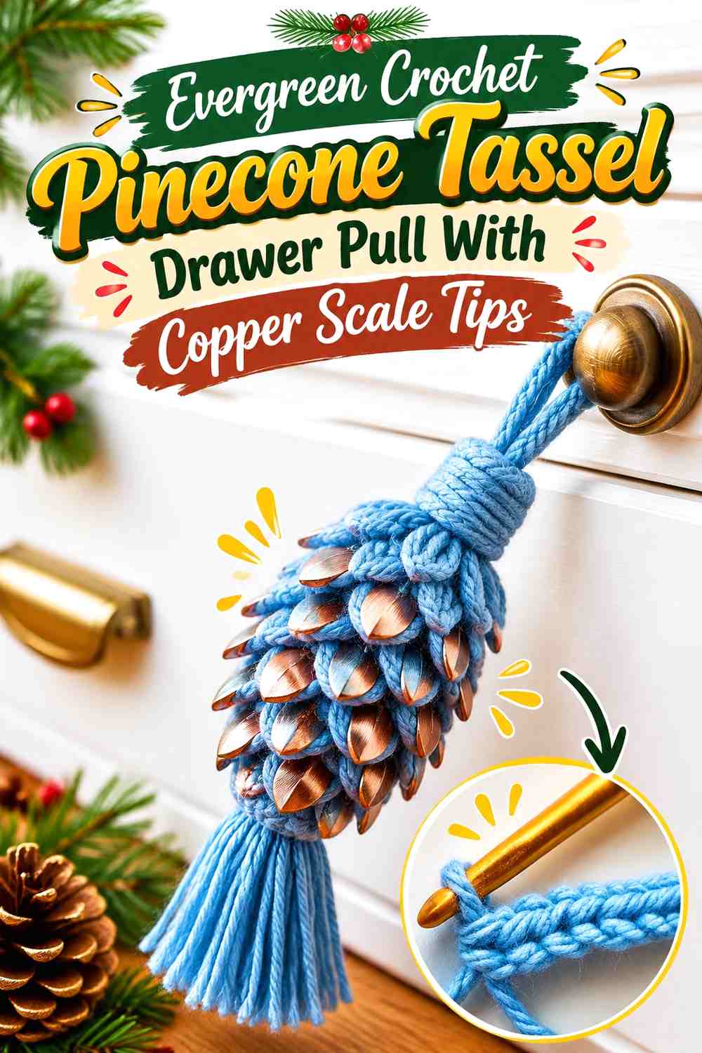 Evergreen Crochet Pinecone Tassel Drawer Pull With Copper Scale Tips