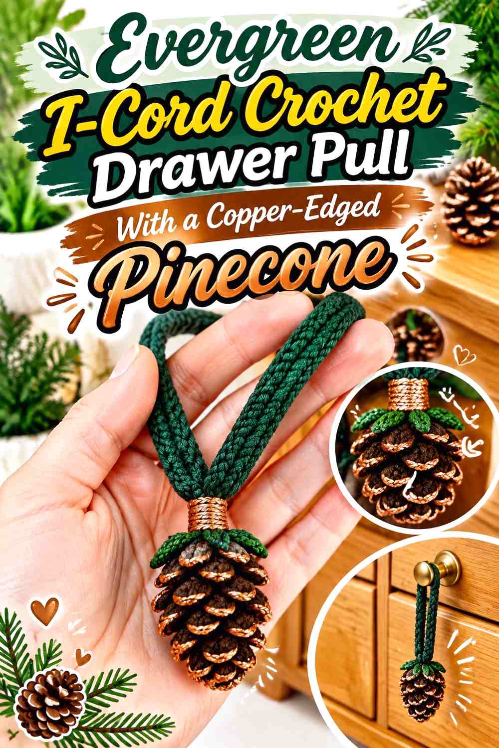 Evergreen I-Cord Crochet Drawer Pull With a Copper-Edged Pinecone