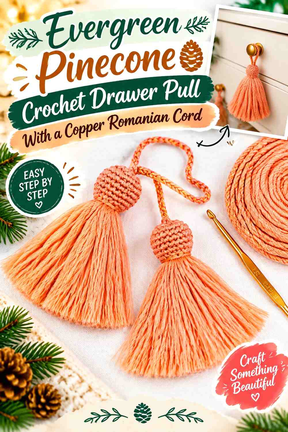 Evergreen Pinecone Crochet Drawer Pull With a Copper Romanian Cord