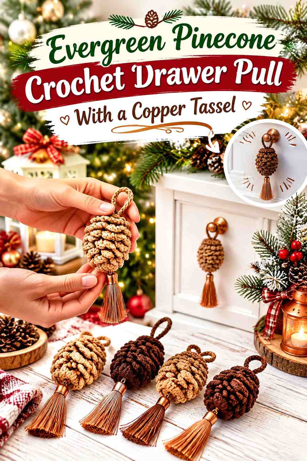 Evergreen Pinecone Crochet Drawer Pull With a Copper Tassel