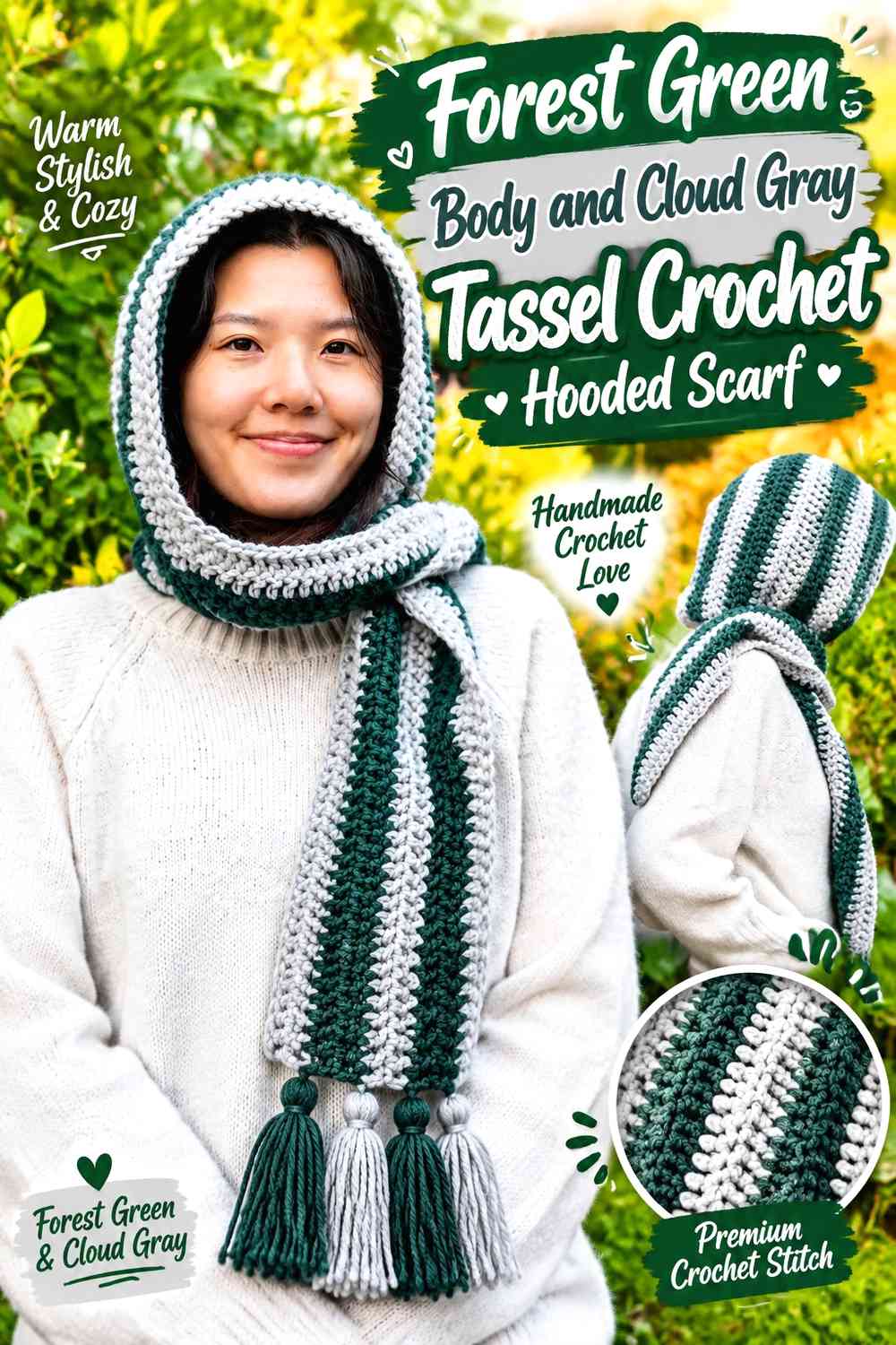 Forest Green Body and Cloud Gray Tassel Crochet Hooded Scarf