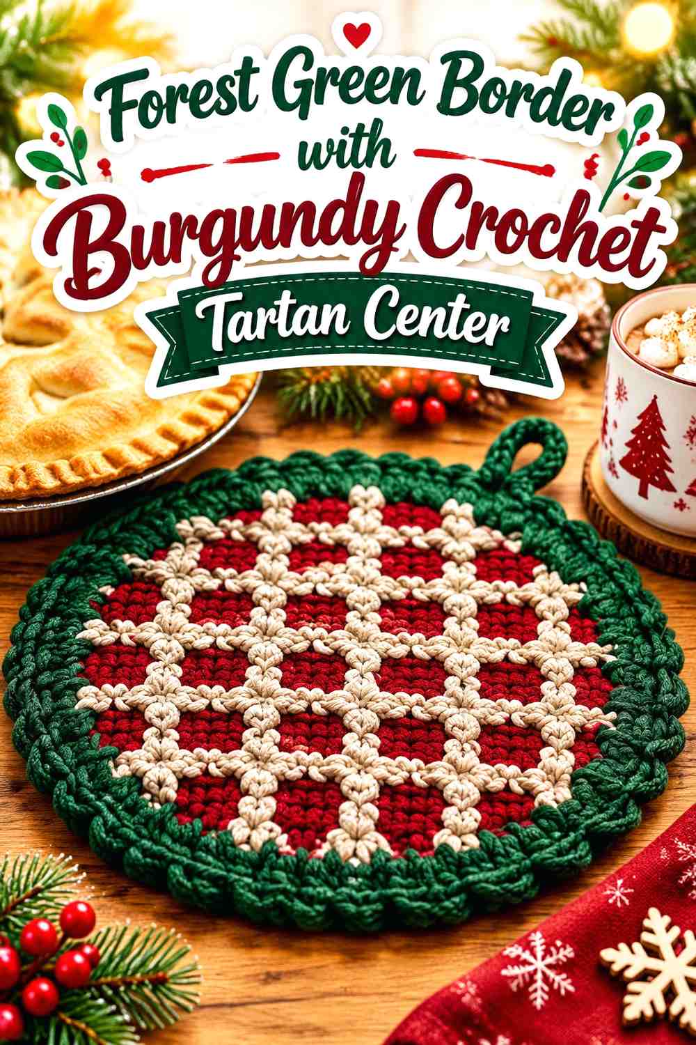Forest Green Border with Burgundy Crochet Tartan Center