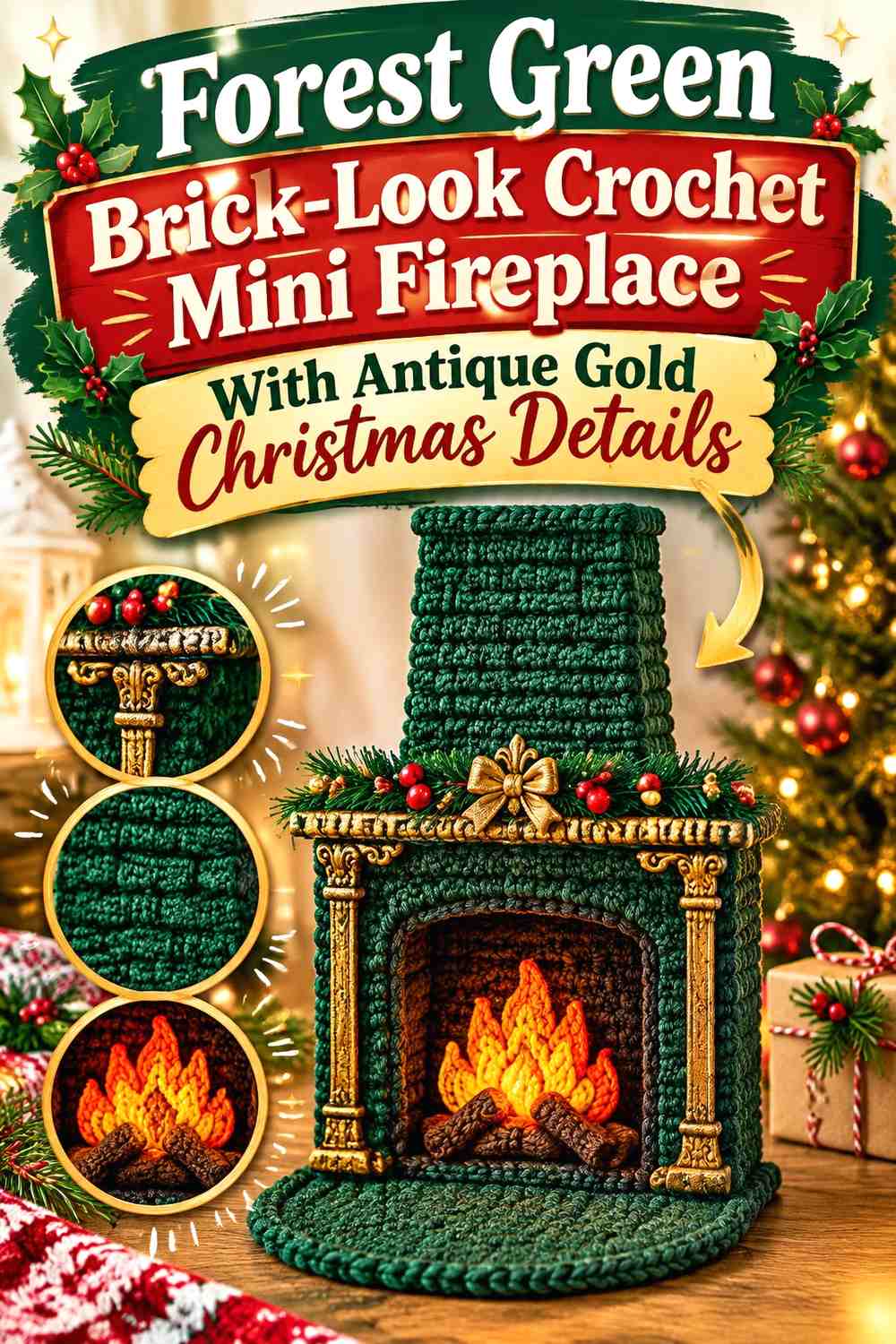 Forest Green Brick-Look Crochet Mini Fireplace With Antique Gold Christmas Details
