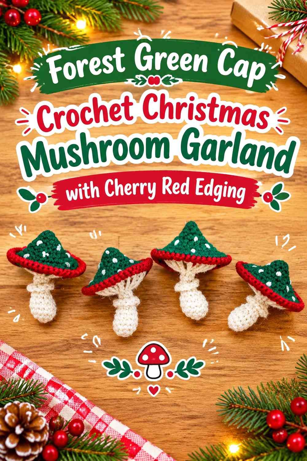Forest Green Cap Crochet Christmas Mushroom Garland with Cherry Red Edging