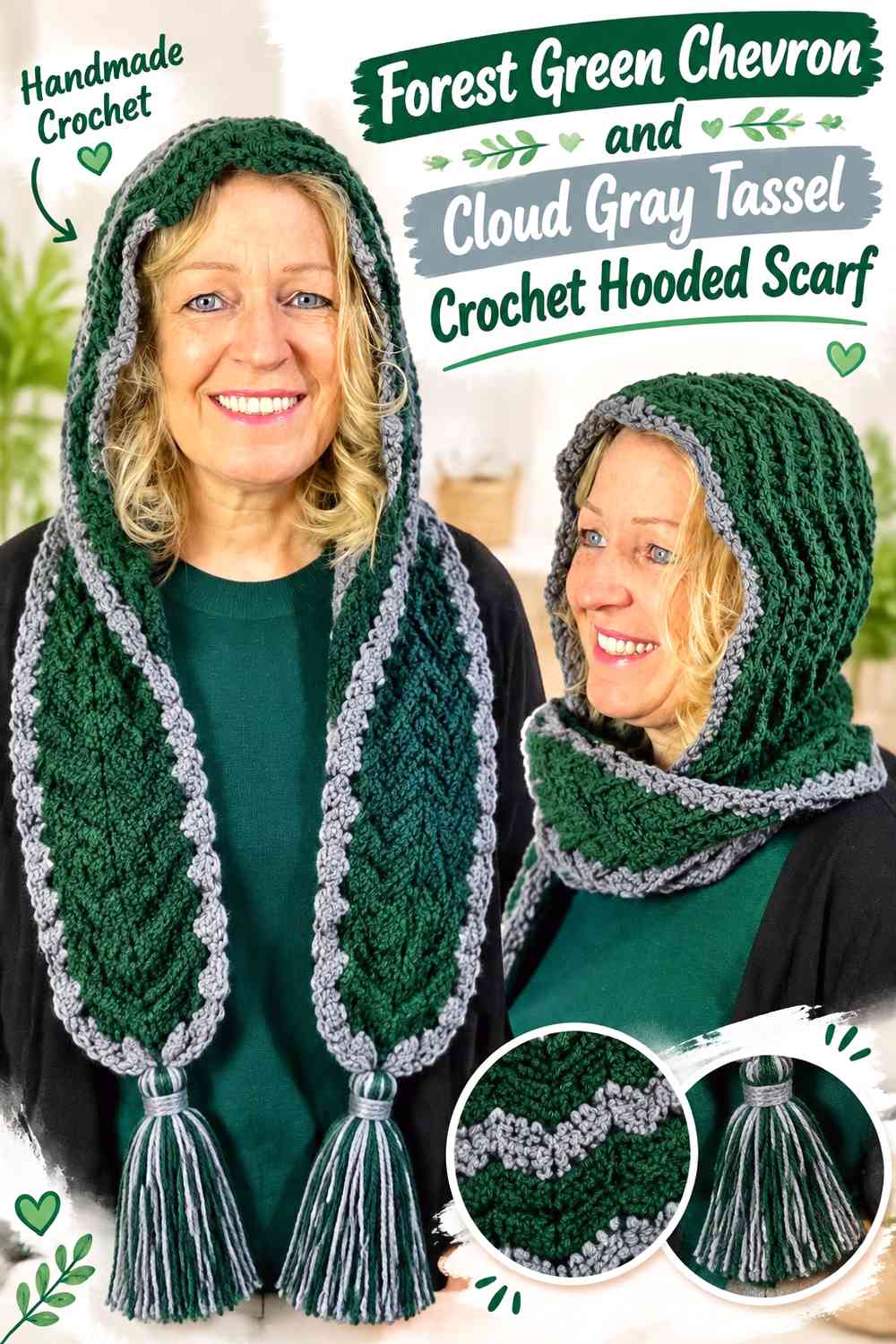 Forest Green Chevron and Cloud Gray Tassel Crochet Hooded Scarf