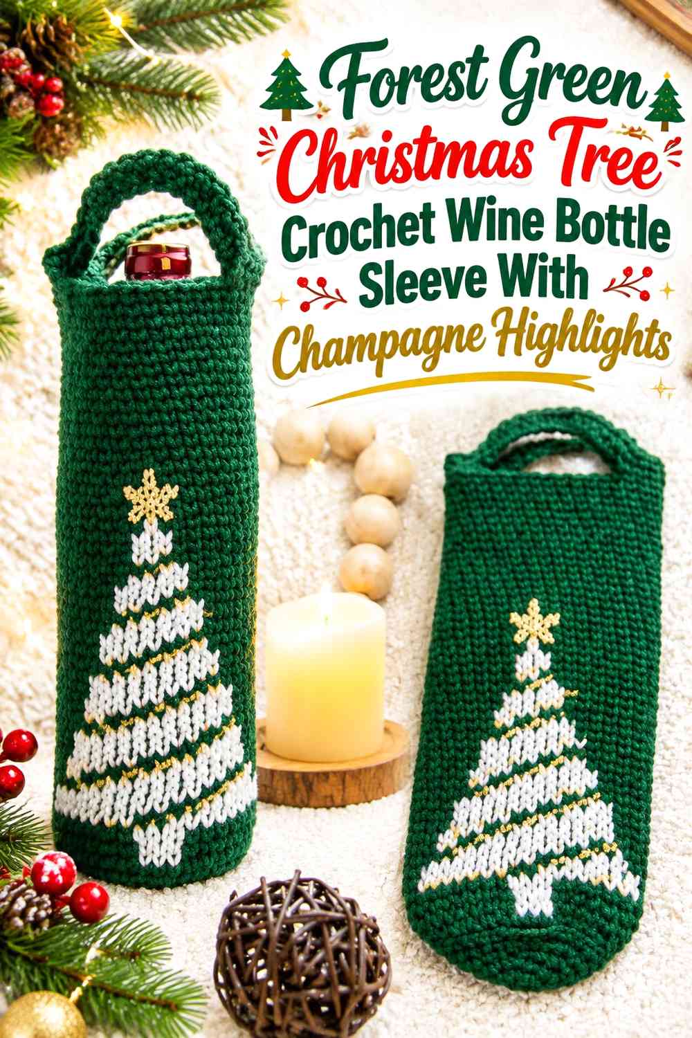 Forest Green Christmas Tree Crochet Wine Bottle Sleeve With Champagne Highlights