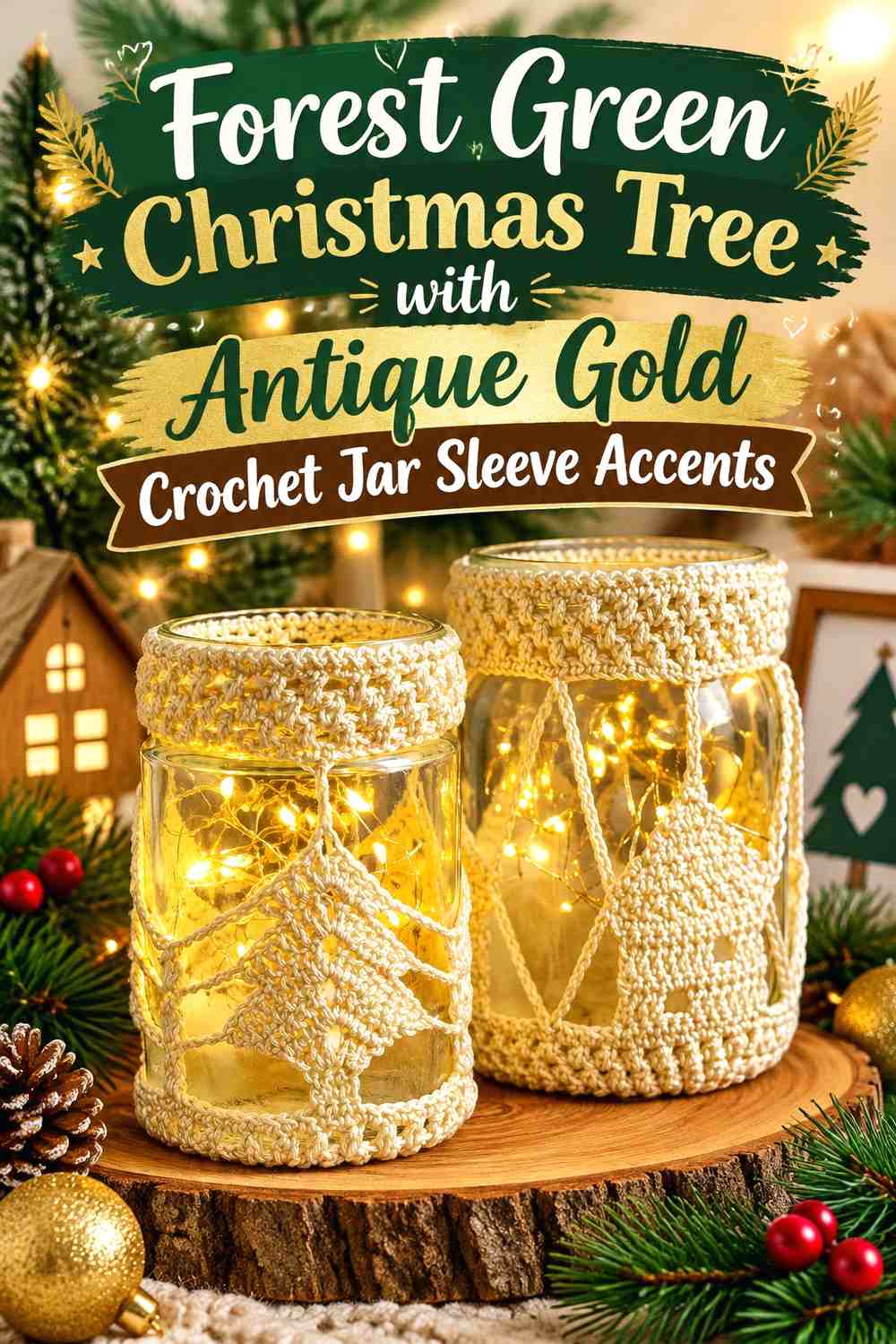Forest Green Christmas Tree with Antique Gold Crochet Jar Sleeve Accents