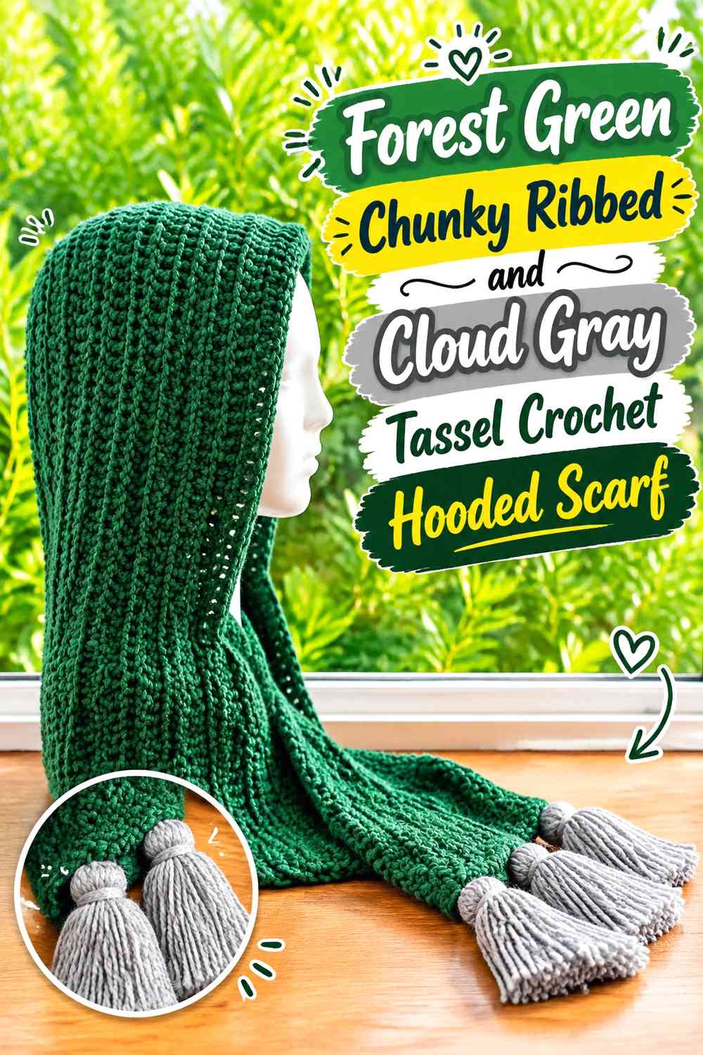 Forest Green Chunky Ribbed and Cloud Gray Tassel Crochet Hooded Scarf