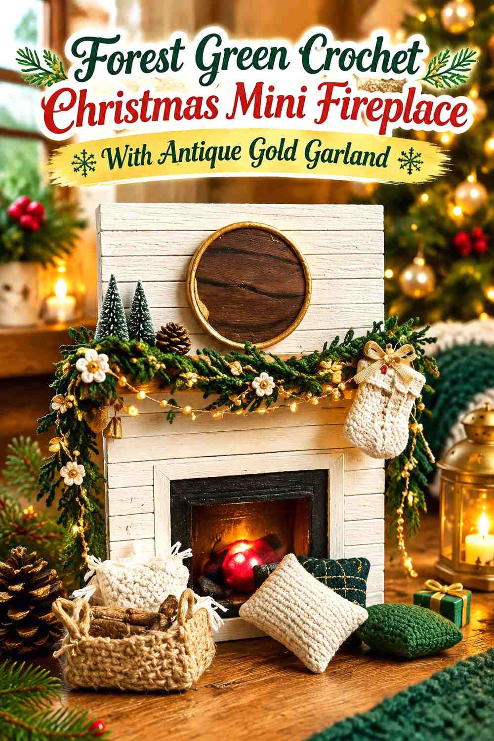 Forest Green Crochet Christmas Mini Fireplace With Antique Gold Garland