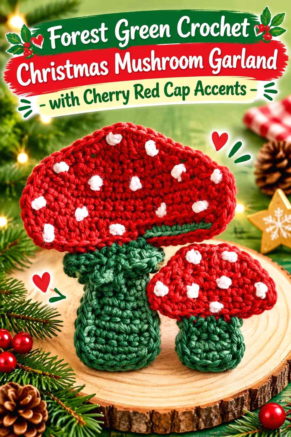Forest Green Crochet Christmas Mushroom Garland with Cherry Red Cap Accents