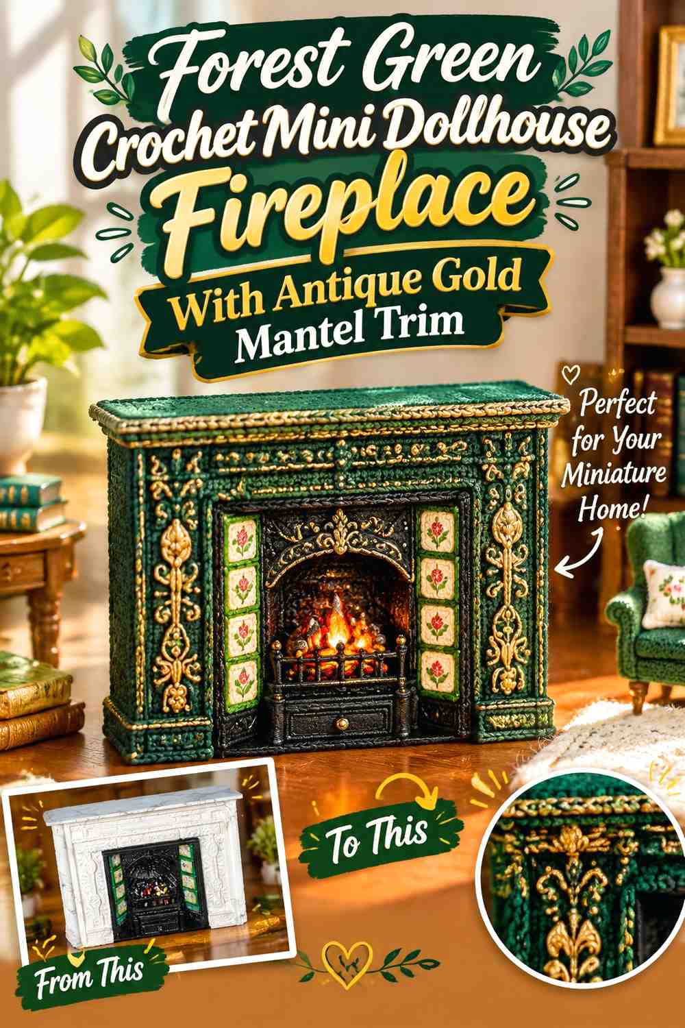 Forest Green Crochet Mini Dollhouse Fireplace With Antique Gold Mantel Trim