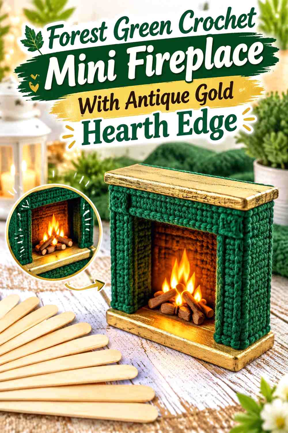 Forest Green Crochet Mini Fireplace With Antique Gold Hearth Edge