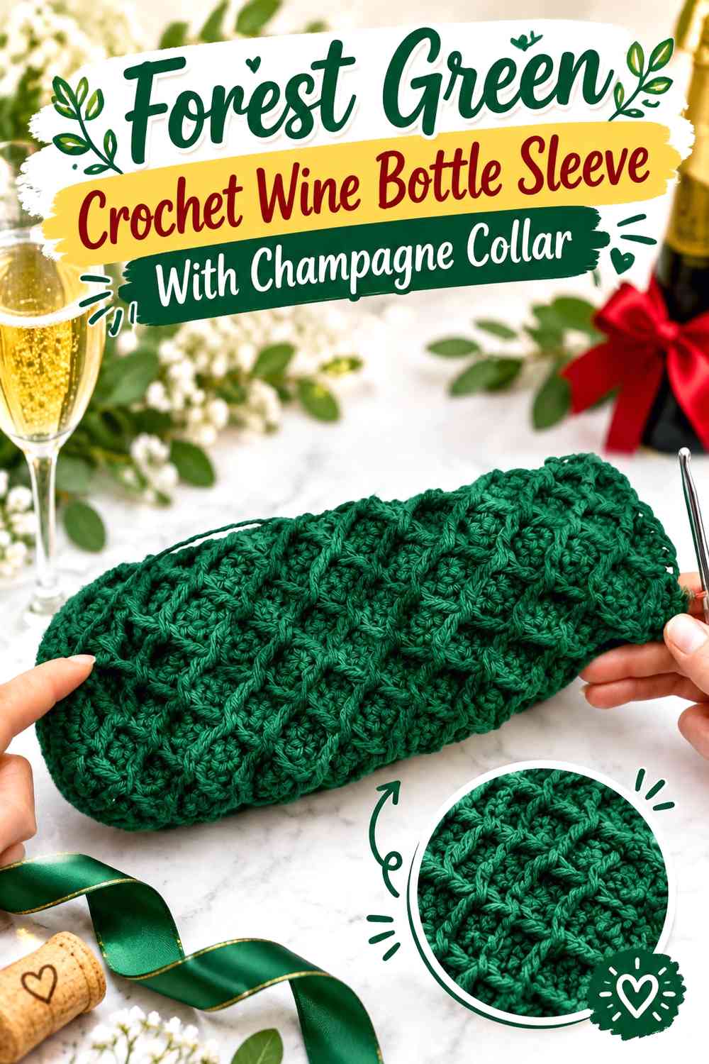 Forest Green Crochet Wine Bottle Sleeve With Champagne Collar