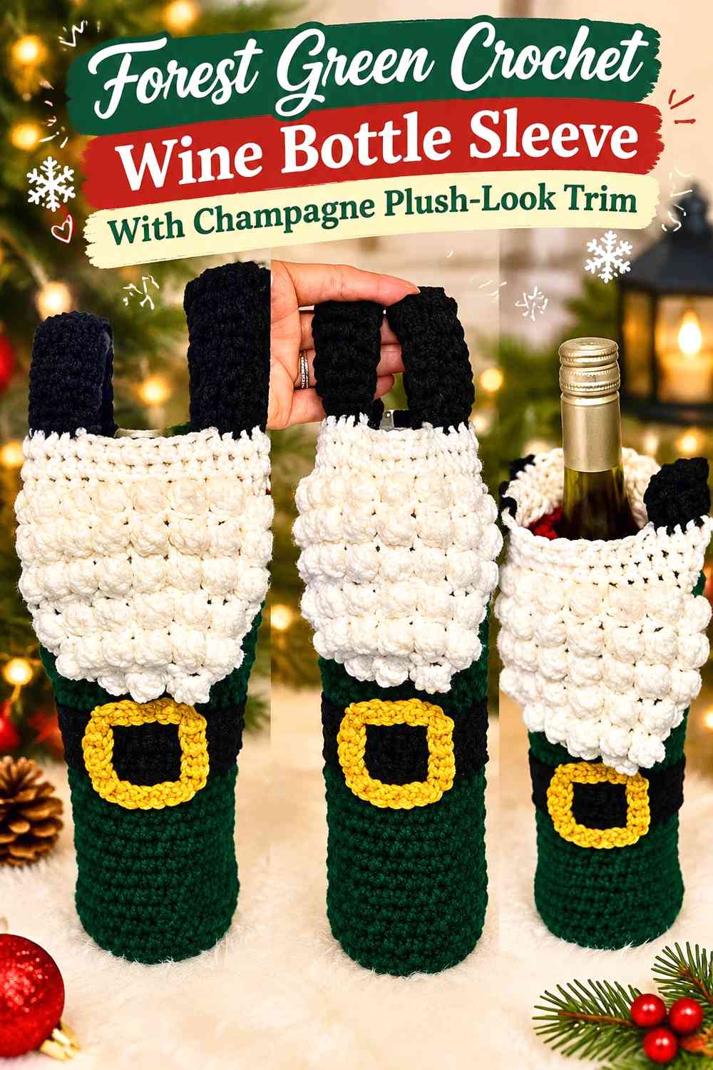 Forest Green Crochet Wine Bottle Sleeve With Champagne Plush-Look Trim